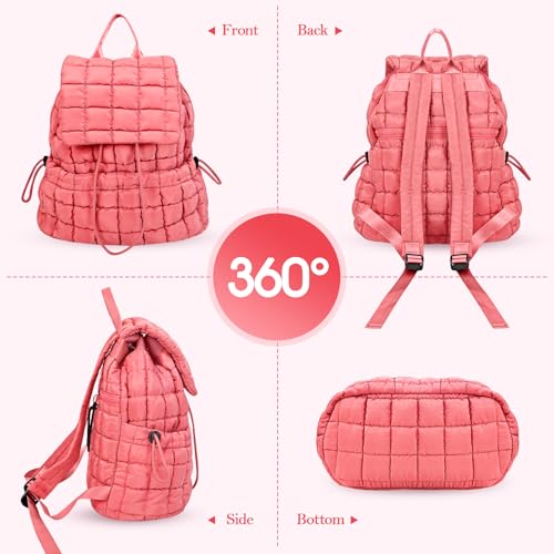 Quilted Puffer Backpack for Women Lightweight Soft Puffy Backpack Purse Casual Daily Drawstring Flap Daypack (Watermelon Red) - color: Watermelon Red