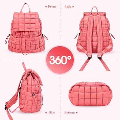 Quilted Puffer Backpack for Women Lightweight Soft Puffy Backpack Purse Casual Daily Drawstring Flap Daypack (Watermelon Red) - color: Watermelon Red