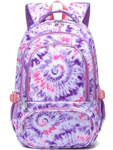BLUEFAIRY Kids Backpack for Girls 17In Elementary Middle School Bookbag for Aged 6-8 8-10 10-12 Teens Childs Back to School Bag with Laptop Compartment Mochilas Escolares para Niñas de Tie-dye Purple - color: Light Orchid Purple