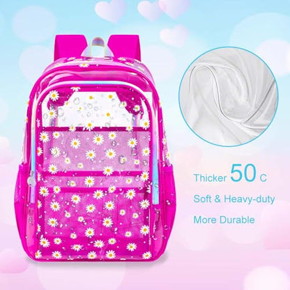 gxtvo 3PCS Transparent Backpack Heavy-Duty Set for Women & Teen Girls, 17" Rose Clear Bookbag with Rainbow Strap, Cute Chrysanthemum See Through School Bag - color: Rose Chrysanthemum Clear Backpack Set