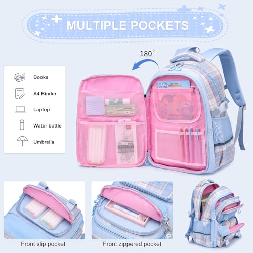 KEBEIXUAN Kids Backpack for Girls - Cute Plaid Bookbag for Elementary Student, Lightweight and Spacious School Bag (Blue) - color: Plaid Blue