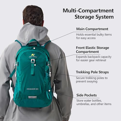 N NEVO RHINO 20L Hiking Internal Frame Backpack for Men Women, Small Travel Backpack Waterproof Backpack with Rain Cover - color: Dark Green