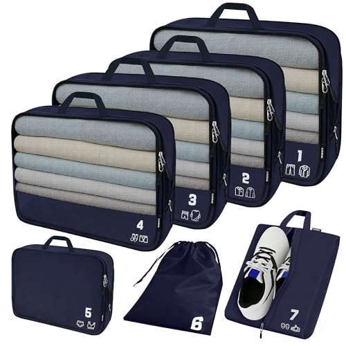 7 Set Compression Packing Cubes for Travel, Luggage Organizer Bags for Suitcases with Mesh Panels, Shoe Bag & Toiletry Bag for Carry On, Vacation & Cruise Essentials (Navy Blue) - color: Navy Blue