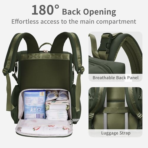 CEI-CEI Neoprene Diaper Bag Backpack Large Newborn Baby Maternity Bags Waterproof Travel Backpack for Mom Dad with Insulated Pockets,Changing Pad - color: Green