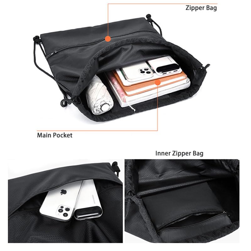 Water Resistant Drawstring Gym Sack Cinch Bag with Zipper Side Pocket, Pack of 2 (Backpack D, Grey) - color: Grey, style: Backpack D