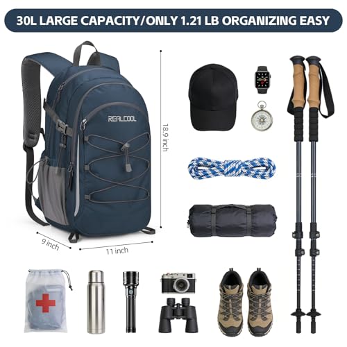 RealCool 30L Lightweight Hiking Backpack, Waterproof Daypack for Camping | 210D tear-resistant nylon, breathable shoulder and back panel, Multi-Compartment,hydration system,reflective strip,bungee net - color: Blue, size: 30L