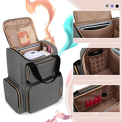 LUXJA Nail Polish Organizer (Backpack Version) Holds 70 Bottles and a Nail Lamp, Travel Nail Polish Bag with 2 Removable Cases and Tools Storage Pockets (Patent Pending), Gray - color: Gray