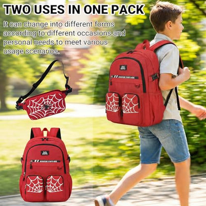 Kids Backpack for Boys - Cool Boys Backpacks with Waist pack for Kids Teens Elementary Middle School, 18″ Large Capacity Students Bookbag, Perfect for Travel and School - color: Red-backpack-only