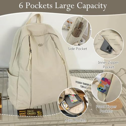 Nylon Backpack for Women Men, Waterproof Travel Backpack Purse Casual Daypack, Gym School Backpack for Daily Cycling (Beige) - color: Beige