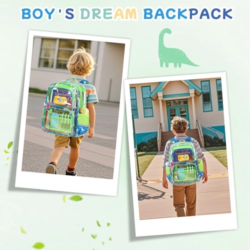 Sisipoet Clear Backpack for School, Heavy Duty PVC Transparent Bookbag, Funny Kids Backpacks with Dinosaurs Print, Green - color: Green/Dinosaurs
