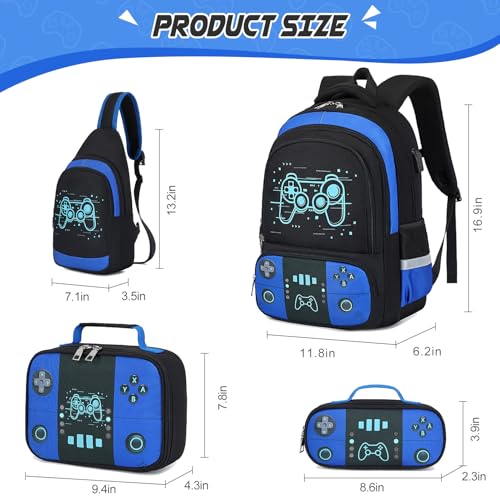 Bevalsa Backpack for School Boys, Cool Luminous Gamer Boys Schoolbag with Sling Bag,Lunch Box & Pencil Case for Kids Children Teens Elementary Middle School(Blue Game Backpack with Shoulder Bag) - color: Blue Game, style: Backpack With Shoulder Bag