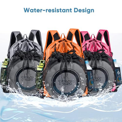 Large Beach Backpack w/Shoe Compartment &Detachable Ball Mesh Bag - color: Orange