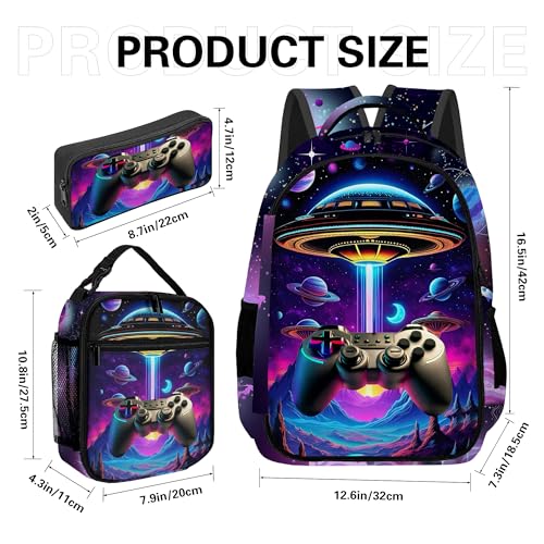 Boys Backpack with Lunch Box and Pencil Case, 3Pcs Gamer Backpack for Boys Teens, 17 Inch Large Capacity - color: GAME-TKCZ-2