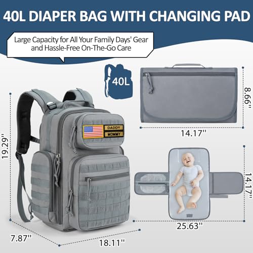 MIRACOL Outdoor Military Diaper Backpack: Dad-Approved Baby Bag with Insulated Pockets & Foldable Changing Mat - Lightweight Essentials for Hiking Camping Outdoor Adventures - color: Grey W/ Changing Mat
