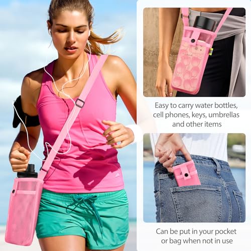 BINSUNS 2 Pcs Large Water Bottle Bag with Strap, Mesh Water Bottle Carrier Holder Crossbody Water Sling Bag Shoulder Strap and Pocket - Walking Sports Hiking Camping (Pink+Light Blue) - color: Pink+Light Blue, size: 2 Pcs-Large
