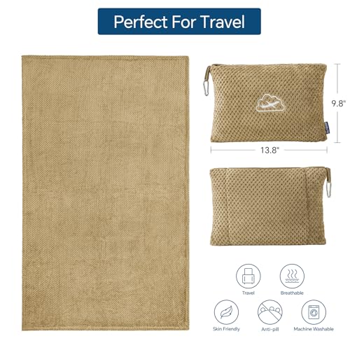 BEDELITE Travel Blanket with Bag, Ultra-Soft Jacquard Fleece Blanket with Luggage Sleeve & Backpack Clip, Airplane Blanket Travel Essentials, Camel - color: Camel