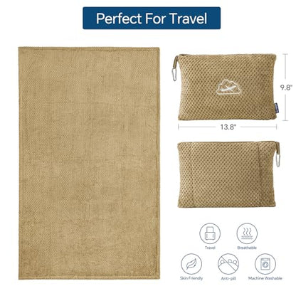 BEDELITE Travel Blanket with Bag, Ultra-Soft Jacquard Fleece Blanket with Luggage Sleeve & Backpack Clip, Airplane Blanket Travel Essentials, Camel - color: Camel