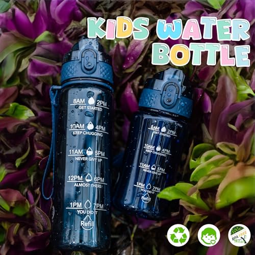 OLDLEY 12oz Kids Water Bottle, Tritan BPA-Free, Leakproof Flip Straw Lid, Motivational Time Marker, Carry Strap, Reusable Clear Water Bottle for Boys & Girls,Slate Blue - color: Slate Blue, style: 12 Ounces