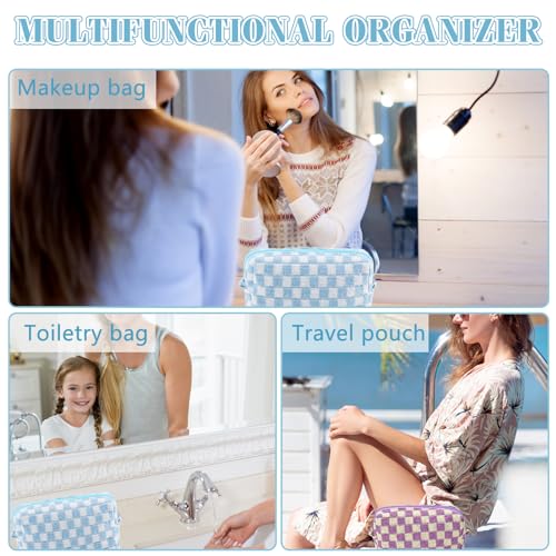 ZLFSRQ 2Pcs Checkered Pencil Case Cute Pencil Pouch for Teens Checkered Makeup Bag Medium Travel Cosmetic Bag Preppy Makeup Pouch for Purse Aesthetic Zipper Toiletry Bags Organizer(Blue/Purple) - color: BN Checkered 2Pcs M Blue/Purple