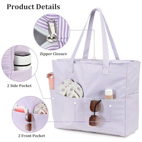 LEDAOU Beach Bag Waterproof Sandproof Women Beach Tote Pool Bag with Zipper for Swim Gym Grocery Travel with Wet Pocket | Sandproof - color: Light Purple White Stripes