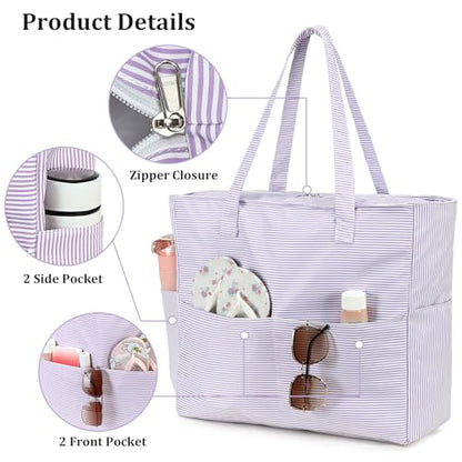 LEDAOU Beach Bag Waterproof Sandproof Women Beach Tote Pool Bag with Zipper for Swim Gym Grocery Travel with Wet Pocket | Sandproof - color: Light Purple White Stripes