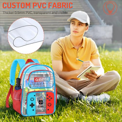 TILYTADLY 3PCS Clear Backpack for School - Gamer Kids Clear Backpacks for Boys and Girls,Heavy Duty Transparent Bookbag with Lunch Bag and Pencil Case - See Through PVC Transparent Bookbag - color: Red&blue - Set