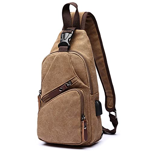 Canvas Sling Bag Crossbody Backpack Shoulder Casual Rucksack for Men Women Outdoor Cycling Hiking Travel Fishing Coffee - color: Coffee