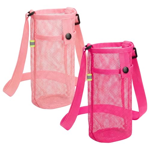 Aspire 2 PCS Water Bottle Holders with Adjustable Shoulder Strap, Water Bottle Carrier Bag with Pouch for Travel, Walking - color: Pink & Hot Pink