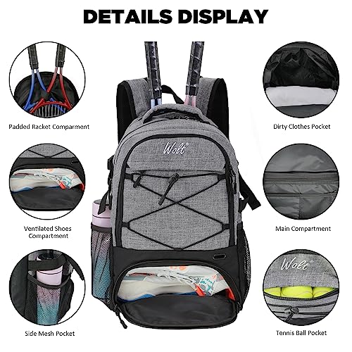 WOLT Tennis Bag - Large Tennis Racket Backpack for Men & Women - Ventilated Shoe Compartment - Holds 2 Rackets - color: Grey