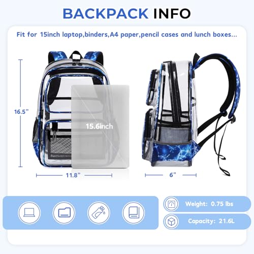 Sisipoet Clear Backpack for Boys with Lightning Print, Heavy Duty Transparent Bookbag for School, Stadium, and Concert, Blue - color: Blue/Lightning