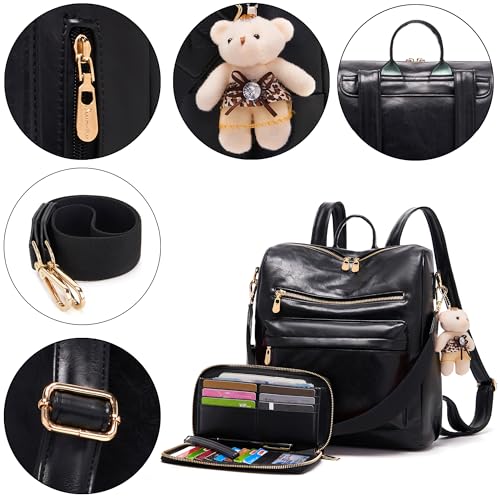 Soperwillton Women Backpack Purse Multipurpose Design Handbags Shoulder Bag PU Leather Travel bag Backpack Set 2pcs - color: Black