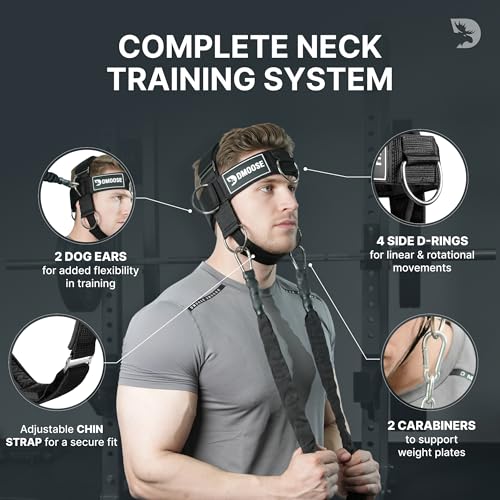 DMoose Fitness Neck Harness for Weight Lifting - Soft Padded Head & Chin Strap with 30" Heavy Duty Steel Chain - Neck Exerciser, Trainer & Strengthener to Support Injury Recovery and Intense Workouts - color: Black Plus