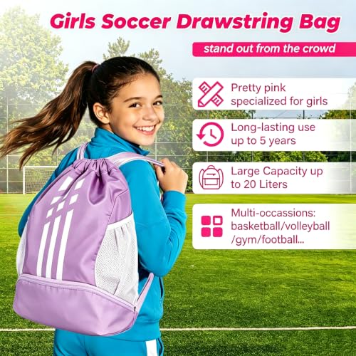 Soccer Bag, Youth Soccer Basketball Bag with Compartments Drawstring Backpack for Football Volleyball Gym Training (Purple) - color: Purple