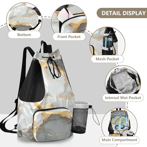 Drawstring Backpack Summer Camp Bag With Pockets Pull String Bag Dry Wet Separation Marble White Grey - color: Color 11