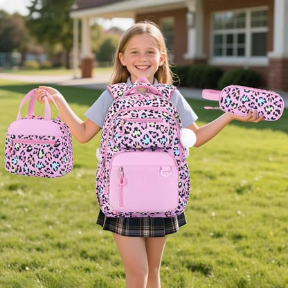 Bevalsa Backpack for Girls 3PCS Teen Girls Pink Backpack for School with Lunch Bag Pencil Case Cute Kids Laptop Backpacks Bookbag for Elementary Middle High School College Student (Leopard) - color: Pink Leopard
