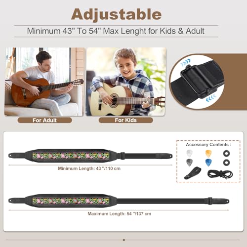 Guitar Straps for Electric Guitar Bass, Jacquard Embroidery Guitar Strap, 3" Wide Padded Straps with 3D Sponge Filling, Comes with 4 Picks + 2 Strap Locks + 1 Headstock Tie + 1 Tie Rope, Pink - color: Pink Embroidery