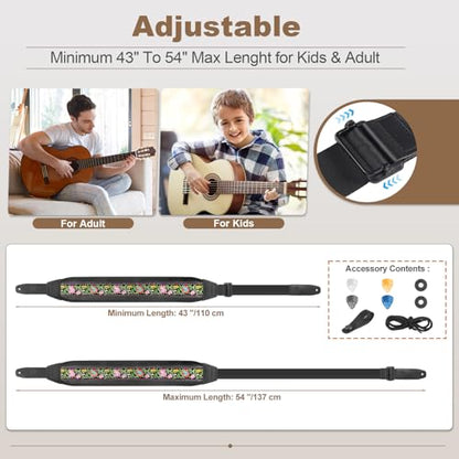 Guitar Straps for Electric Guitar Bass, Jacquard Embroidery Guitar Strap, 3" Wide Padded Straps with 3D Sponge Filling, Comes with 4 Picks + 2 Strap Locks + 1 Headstock Tie + 1 Tie Rope, Pink - color: Pink Embroidery