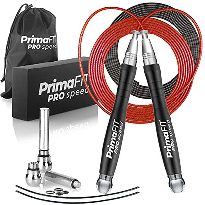 PrimaFIT Jump Rope Pro Speed Skipping Rope Adjustable Adult Jumping Rope Weighted Aluminium Handles for Double Dutch Boxing Workout Crossfit Exercise Fitness Spare Cable Weights Protectors Carry Bag - color: Black
