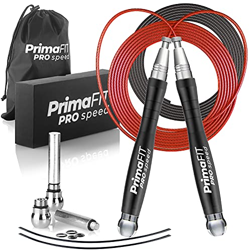 PrimaFIT Jump Rope Pro Speed Skipping Rope Adjustable Adult Jumping Rope Weighted Aluminium Handles for Double Dutch Boxing Workout Crossfit Exercise Fitness Spare Cable Weights Protectors Carry Bag - color: Black