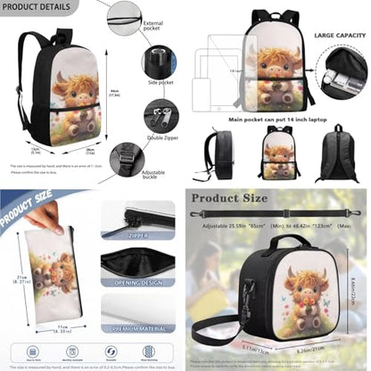 Kids Backpack 3 PCS Set Cartoon Highland Cow Backpacks Set for Boys Girls 3 in 1 School Bag Bookbag with Lunch Box Pen Bag Set for Elementary Kindergarten - color: Highland Cow
