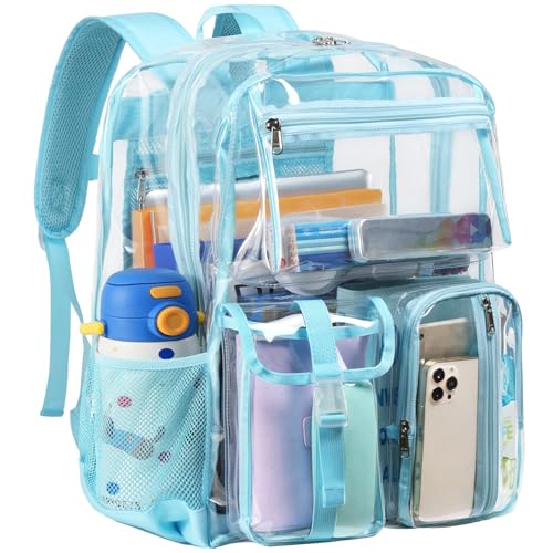 Vorspack Heavy Duty Clear Backpack - Extra Large Multi-pockets Clear Bookbag for Boys, Transparent See Through Backpack for School, College, Work, Festival - Blue - color: Blue, size: X-Large