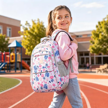 MYGOO Girls School Backpack Euclid Flower Pink Bookbag for Elementary Middle School Ages 5-12, 17 inch Large Capacity 24L Kids Student Travel Bags - color: Euclid Flower Pink