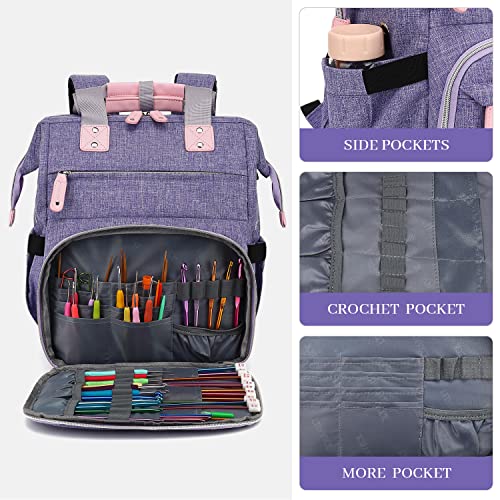 LTINVECK Knitting Bag Backpack,Yarn Storage Organizer Travel Crochet Bag,Large Capacity Tote Bag Yarn Holder Case for Carrying Projects, Knitting Needles, Crochet Hooks,Purple - color: Purple