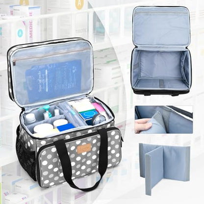 LUXJA 2 Layers Medicine Bag with Detachable Divider, Pill Bottle Organizer Suitable for Home or Travel Use, Gray Dots - color: Polka Dots