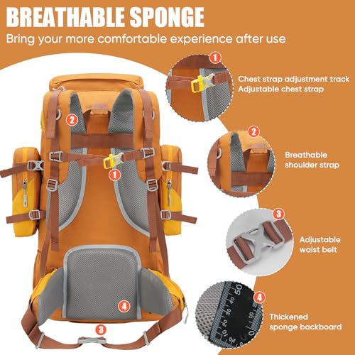 Bseash 70L (65+5) Waterproof Hiking Camping Backpack with Rain Cover, Outdoor Sport Travel Daypack for Climbing Touring (Yellow) - color: Yellow