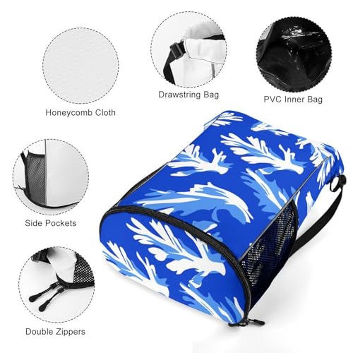 Drawstring Gym Backpack with Shoe Compartment And Wet Pocket, 28L Lightweight Waterproof Blue Celery Pattern Sports Backpack for Workout Swim Beach Travel String Bag for Men Women