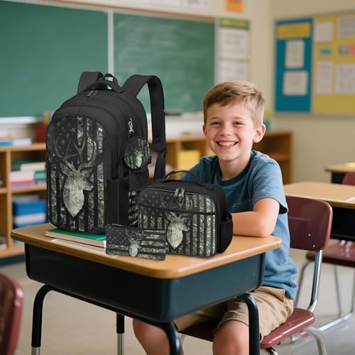 Camo Deer Backpack for Boys, Boys Backpacks with Lunch Box and Pencil Case for School, Kids Hunting Bookbag - color: Camo