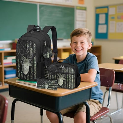 Camo Deer Backpack for Boys, Boys Backpacks with Lunch Box and Pencil Case for School, Kids Hunting Bookbag - color: Camo