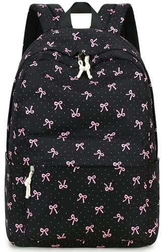 Bluboon School Backpack for Teen Girls Women Laptop Backpack College Bookbags Middle School Travel Work Commuter Back Pack - color: Pink Bow Black Background
