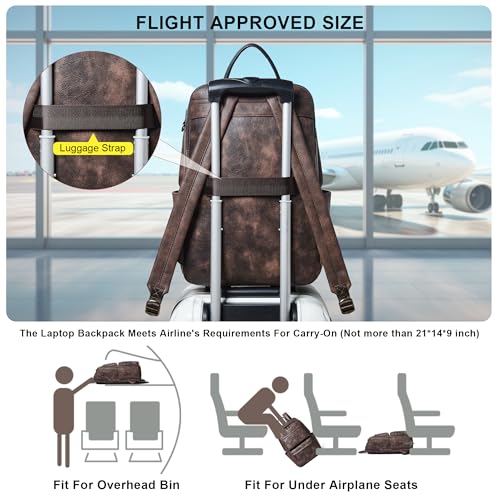 Vegan Leather Backpack for Women and Men, Fits 16.0 Inch Laptop, Multi-Pocket Design with Water Bottle and Luggage Strap, Ideal for Work, Travel, and Daily Use, Coffee - color: 4-1 Coffee